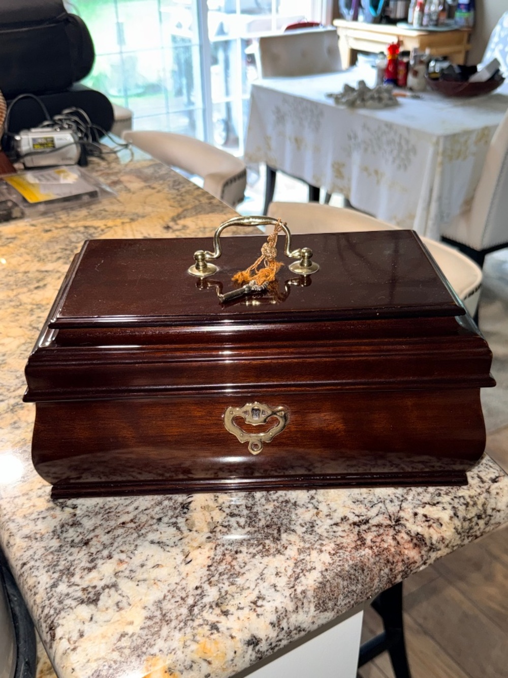 Vintage Large Red Mahogany Wood Jewelry Box Red Velvet Lining - WITH Key - Korea